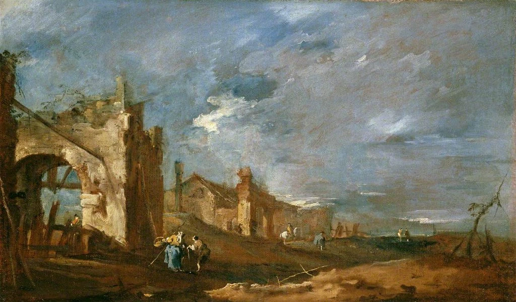 Edifici e figure in rovina sul bordo della laguna - National Trust